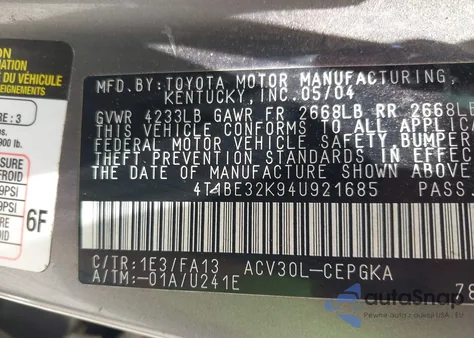 2004 Toyota Camry Xle from USA, damaged, VIN 4T1BE32K94U921685